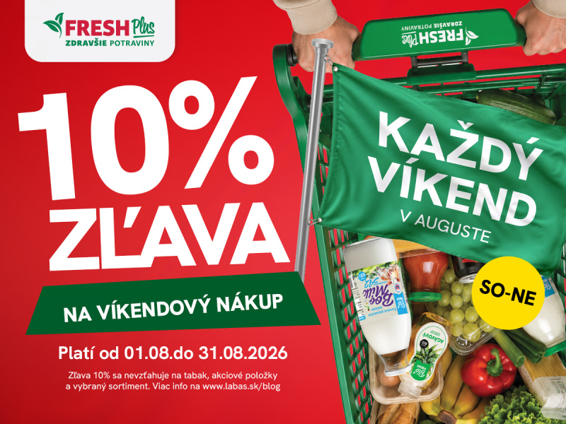 Zákazníci predajní FRESH Plus nakupujú počas augustových víkendov s 10 % zľavou Zákazníci predajní FRESH Plus nakupujú počas augustových víkendov s 10 % zľavou