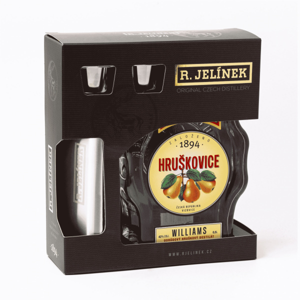 HRUŠKOVICA WILLIAMS 42% 0.5l BUDÍK + 2 POHÁRE + BUTYLKA DARČEKOVÉ BALENIE JELÍNEK