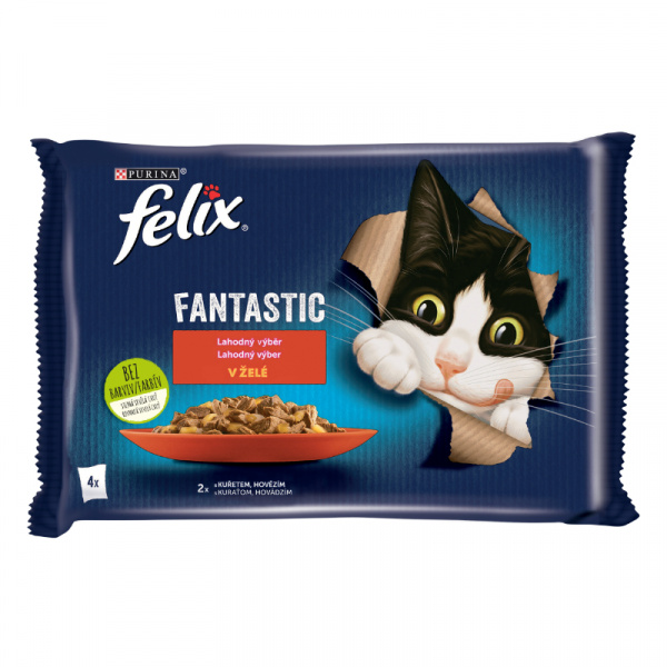 KAPSIČKA MAČKA FELIX FANTASTIC MULTIPACK HOVÄDZIE A KURA ŽELÉ 4x85g