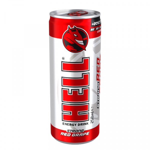 NÁPOJ ENERGETICKÝ HELL RED GRAPE 0.25l +20% KOFFEÍNU PLECH VRATNÝ OBAL