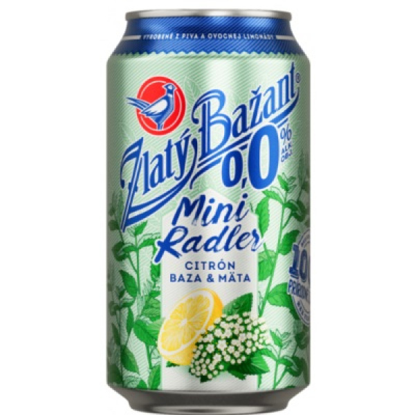 PIVO ZLATÝ BAŽANT MINI RADLER CITRÓN-BAZA-MÄTA 0,0% 0.33l PLECH VRATNÝ OBAL PIVO ZLATÝ BAŽANT MINI RADLER CITRÓN-BAZA-MÄTA 0,0% 0.33l PLECH VRATNÝ OBAL