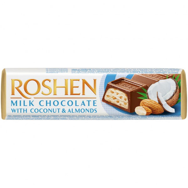 TYČINKA ROSHEN MLIEČNA S KOKOSOVOU NÁPLŇOU A MANDĽAMI 38g TYČINKA ROSHEN MLIEČNA S KOKOSOVOU NÁPLŇOU A MANDĽAMI 38g